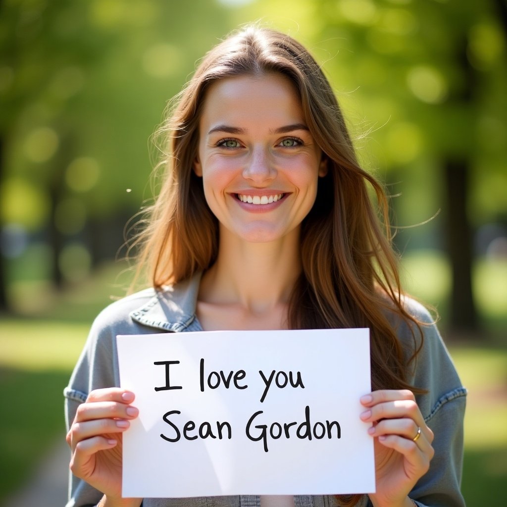 A woman smiles at camera. She holds a paper with message of love. Letters written by hand. Outdoor park setting with greenery in background.