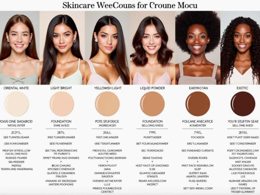 The image displays a guide to skincare products based on different skin tones. It features five women each representing a specific skin tone: Oriental White, Light Bright, Yellowish Light, Medium Tan, and Exotic. Each section lists recommended product types, including CP (Complexion), FD (Foundation), LP (Liquid Powder), and SC (Setting Cream) along with their corresponding shades or undertones. The layout is clean and well-organized, allowing viewers to quickly find recommendations that suit their skin type. The women are smiling and have various hairstyles, showcasing the diversity in appearance.