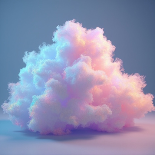 3D representation of a holographic cloud. Soft colors with a translucent square overlay. Features a vibrant, billowing texture.