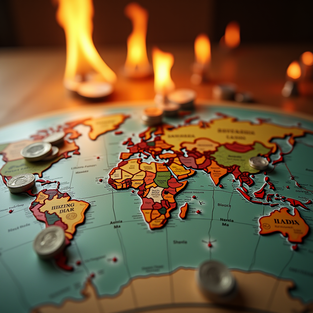 A map adorned with scattered coins, surrounded by flames, indicating global crisis or financial turmoil.