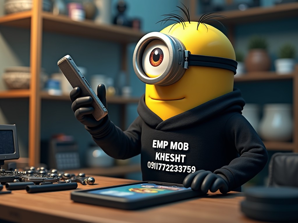 A digital art illustration features a Minion character sitting at a desk in a workshop or studio environment. The Minion is dressed in a black hoodie with white text, holding a smartphone in one hand and interacting with a tablet on the desk. The background is blurred, filled with various tools and devices that suggest a tech or gadgetry theme. The scene is well-lit, with a cozy and warm atmosphere accentuated by the Minion's cheerful demeanor.