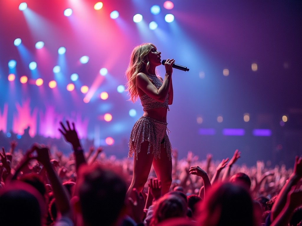 A pop singer performing at a concert with colorful stage lighting and a captivated audience.