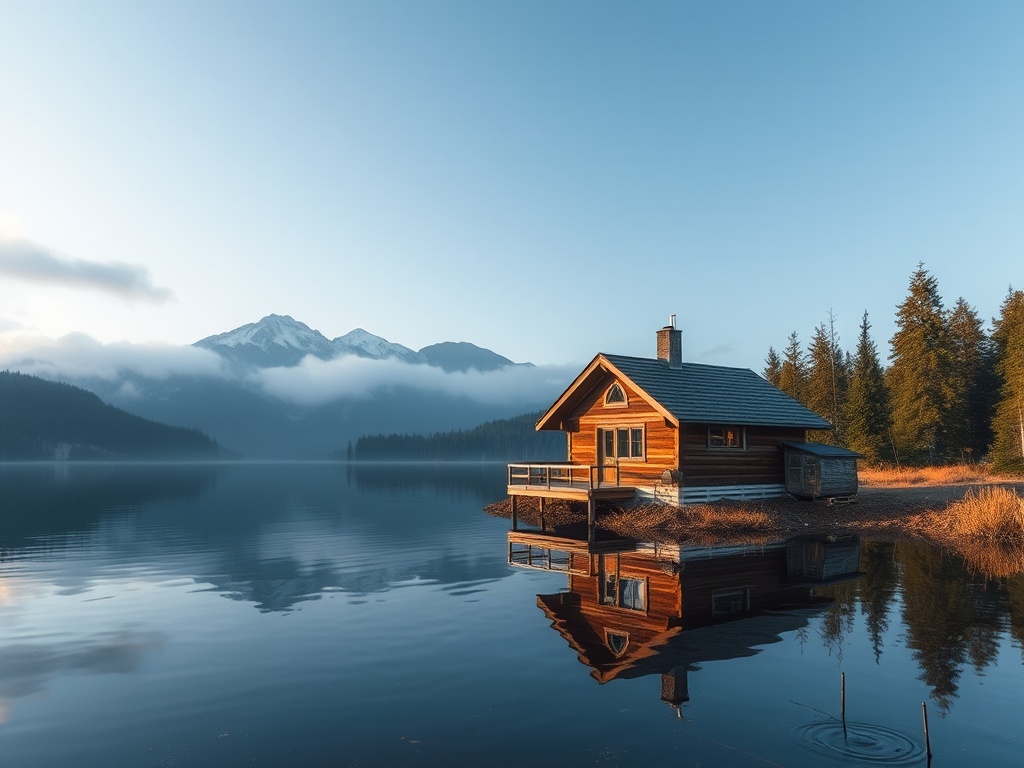 A tranquil scene of a rustic wooden cabin on the edge of a still lake, surrounded by lush pine forests. The morning sun casts a golden hue on the cabin, creating a perfect reflection in the water. In the background, majestic snow-capped mountains are partially shrouded in mist, adding a mystical element to the serene landscape.