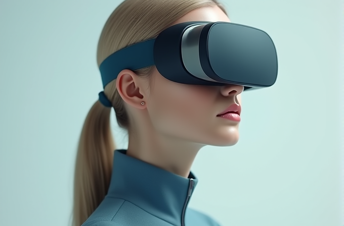 A person wearing a virtual reality headset looks forward in a minimalistic, light blue background.