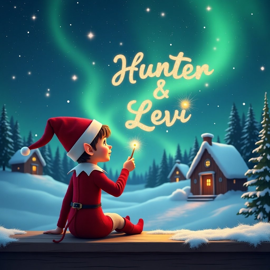 An elf sits on a wooden ledge with its back to the camera, gazing at a magical sky. The elf is dressed in a red outfit with a pointed hat and holds a sparkling wand. With the wand, the elf elegantly writes the names 'Hunter' and 'Levi' in the starry sky. The background features a snowy landscape with charming little houses and evergreen trees under the shimmering Northern Lights. This whimsical scene captures the essence of childhood magic and Christmas cheer.