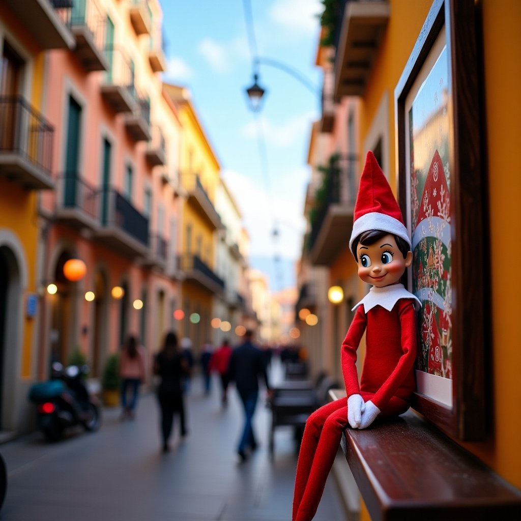 An Elf on the Shelf next to a poster in a colorful Malaga street during the day. The scene includes shops and pedestrians in a vibrant urban setting.