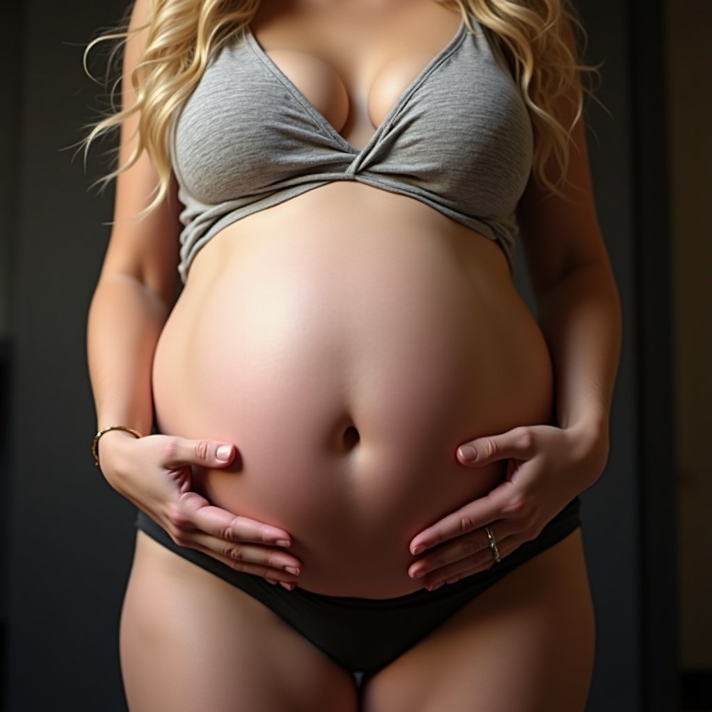 Image of a pregnant woman showcasing a large belly. Hands on the belly. Natural light highlighting the contours. Focus on the belly.