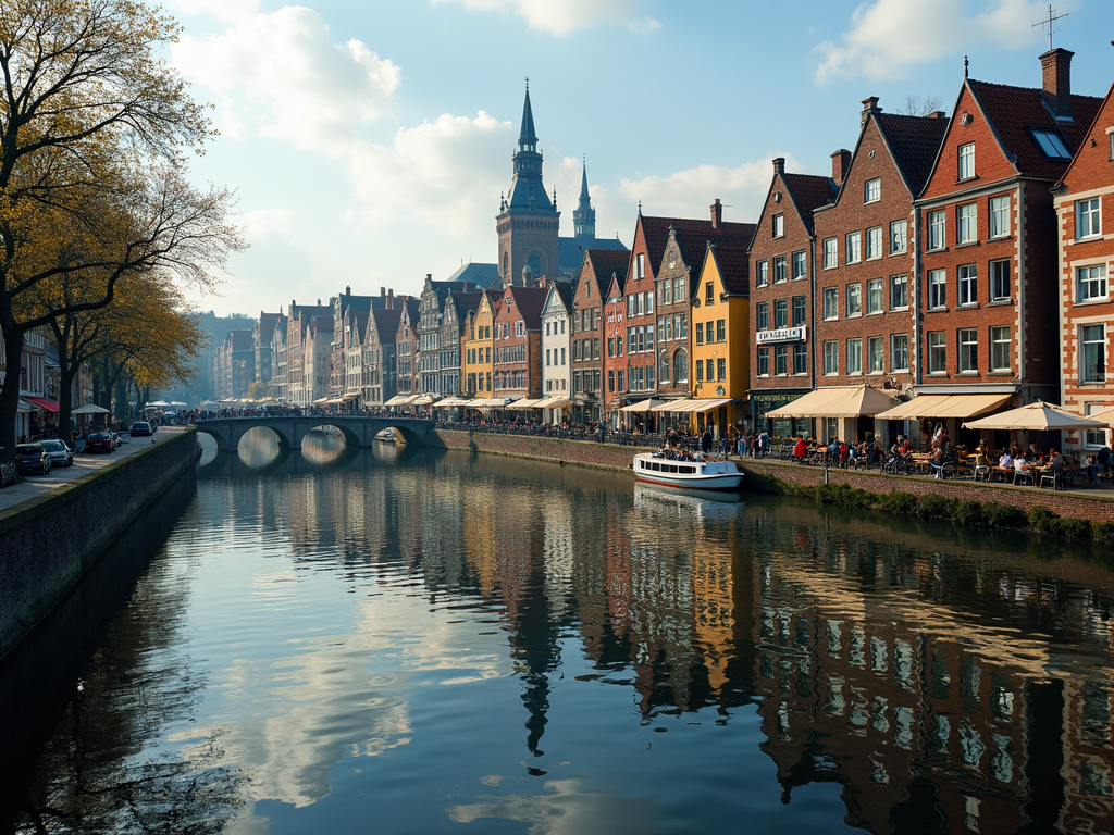 A picturesque canal lined with colorful historic buildings and a boat, reflecting the classic charm of a European town on a sunny day.