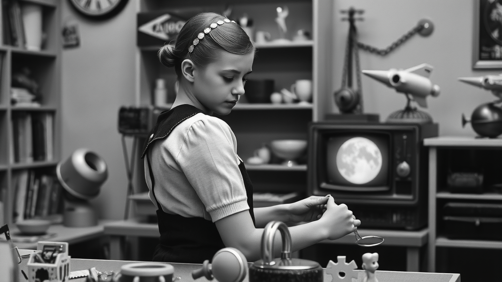 A young girl in a vintage setting, reflecting a fascination with space exploration.