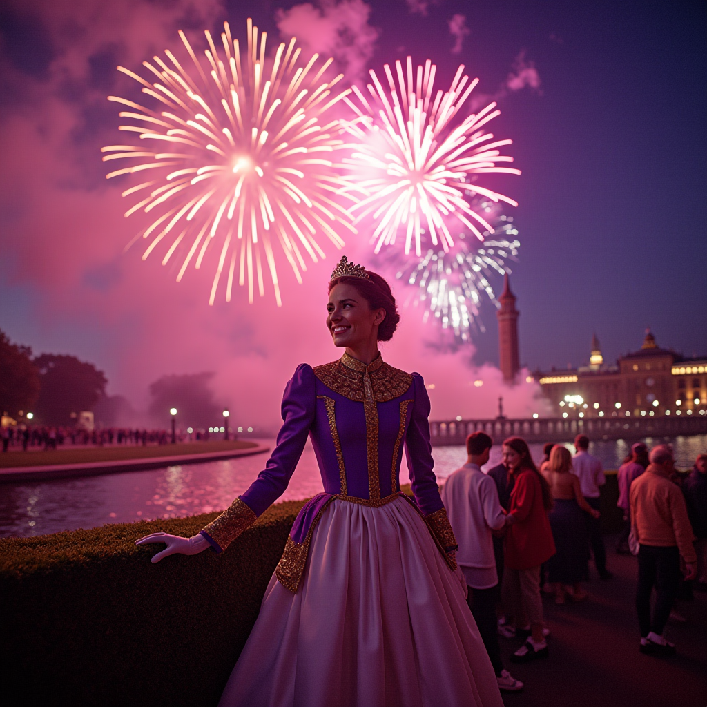 A woman in an elegant gown admires a vibrant fireworks display over a scenic evening backdrop.