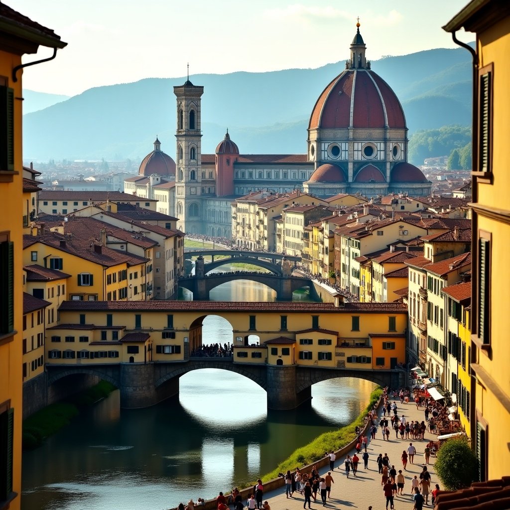 Scenic view of Florence with Ponte Vecchio and the Cathedral. Historic architecture with mountains in background. Busy atmosphere with people enjoying the space.