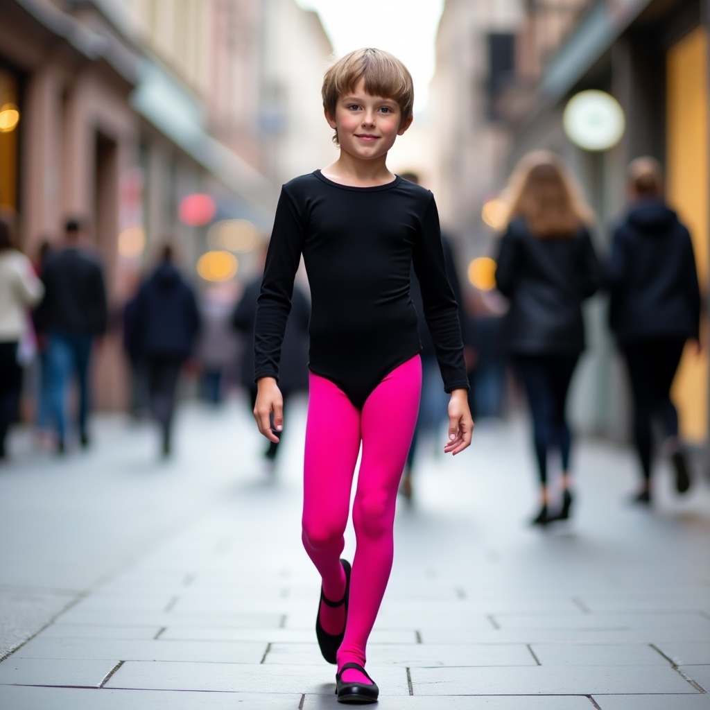 This image features a young boy confidently walking down a bustling sidewalk. He is wearing a snug black long-sleeve leotard paired with bright pink tights, showing off a bold fashion choice. His black two-inch heels complement the outfit perfectly. The background buzzes with movement, as blurred figures of pedestrians create a lively atmosphere. Natural light illuminates the scene, highlighting the boy as the main focus while reflecting the vibrant urban environment.