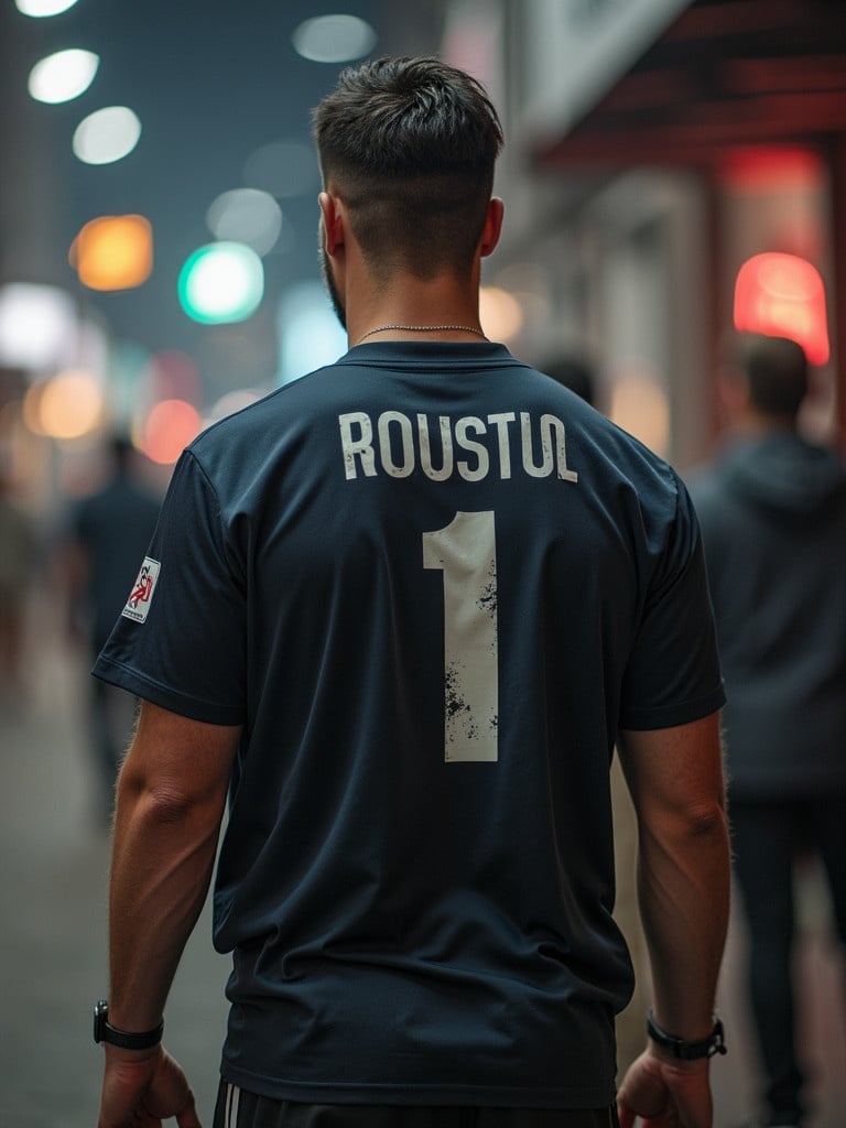 Back view of a man wearing a dark football jersey with number one. The jersey has name 'ROUSTUL' on it. The background shows urban lighting and blurred figures of people.