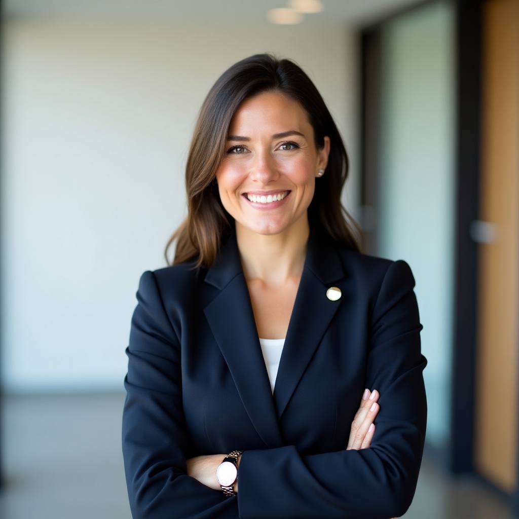 A confident, approachable professional stands smiling in a tailored business suit. The setting is modern, with a clean background and soft lighting. The agent conveys trust and professionalism through their relaxed posture. Their expression shows empathy and kind attentiveness, crucial for client relationships. Subtle accessories hint at professionalism while being understated. Overall, the tone of the image promotes integrity and market expertise.