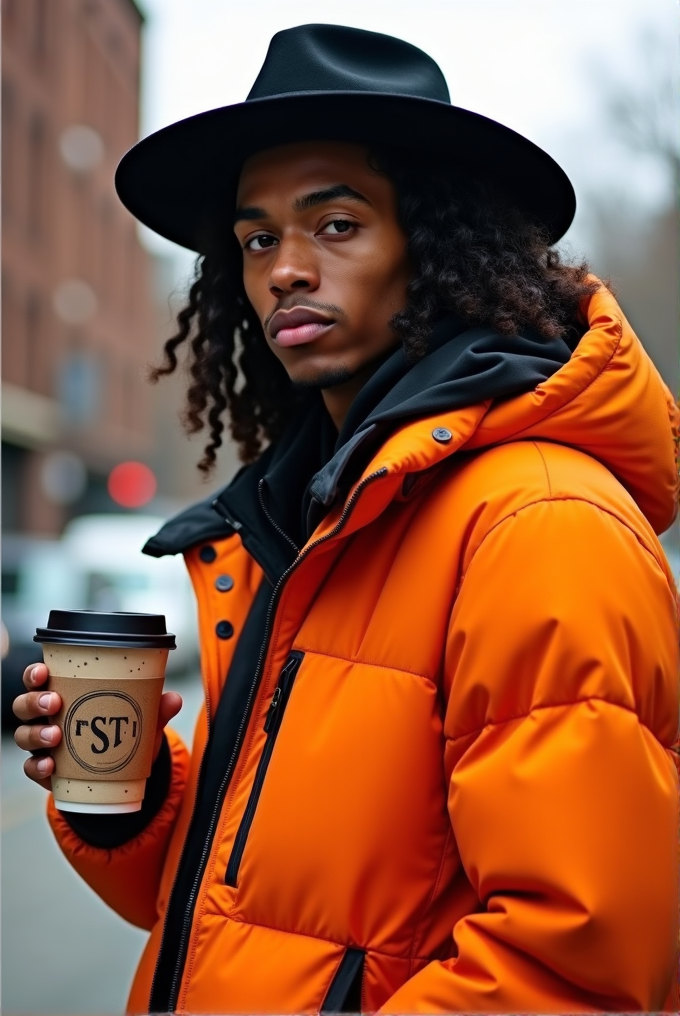 A person in an orange puffer jacket and black hat holds a coffee cup on a city street.