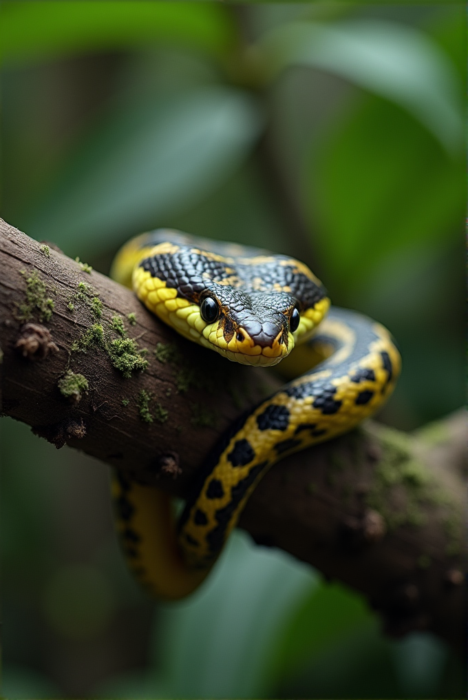 A yellow and black snake, with detailed scales, slithers on a moss-covered branch amidst lush, blurred greenery.