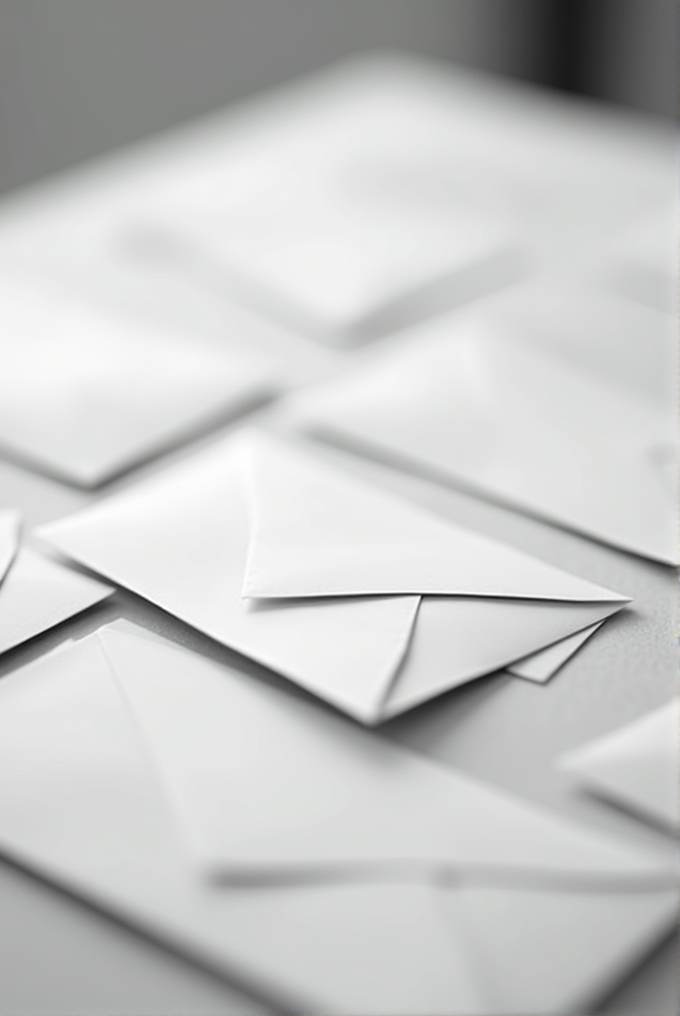 Several white envelopes are scattered on a surface, with one prominently in focus.