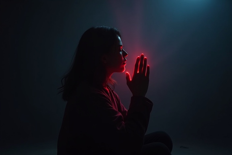 A woman sits in a dark environment with a lit hand raised in prayer. The background features aesthetic light effects creating a calming atmosphere. She is captured in silhouette to emphasize the moment of reflection without revealing her face. The scene has an EDM influence with vibrant light patterns surrounding her.