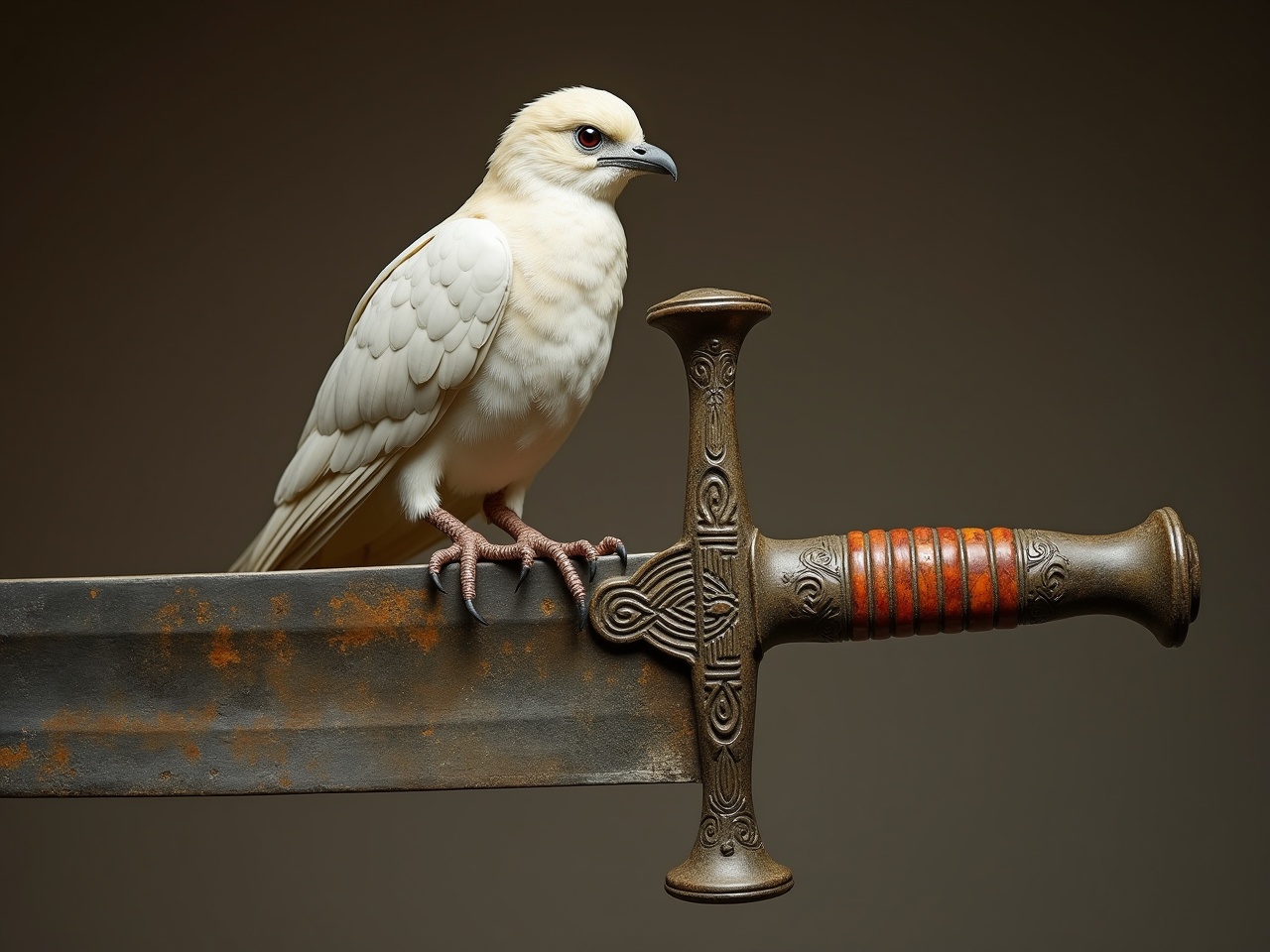 The image features a serene white bird, possibly a dove or an albino sparrow, perched elegantly on the hilt of a rugged, ancient-looking sword. The sword has intricate designs and a weathered appearance, suggesting a historical or fantasy context. The background is a soft, neutral color that accentuates both the bird and the sword. The lighting is dramatic, casting soft shadows that enhance the textures of both the bird's feathers and the sword's surface. This composition imbues a sense of peace juxtaposed with a theme of strength or conflict.