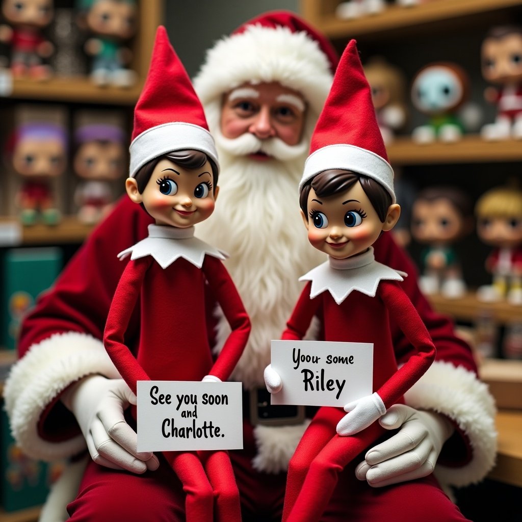 Elf on the shelf in red outfit with white trim and collar holding sign saying 'See you soon Adeline and Charlotte'. Elf sitting with Santa in toy workshop with Funko Pops in background. Elf holding sign that says 'See you soon Riley.'