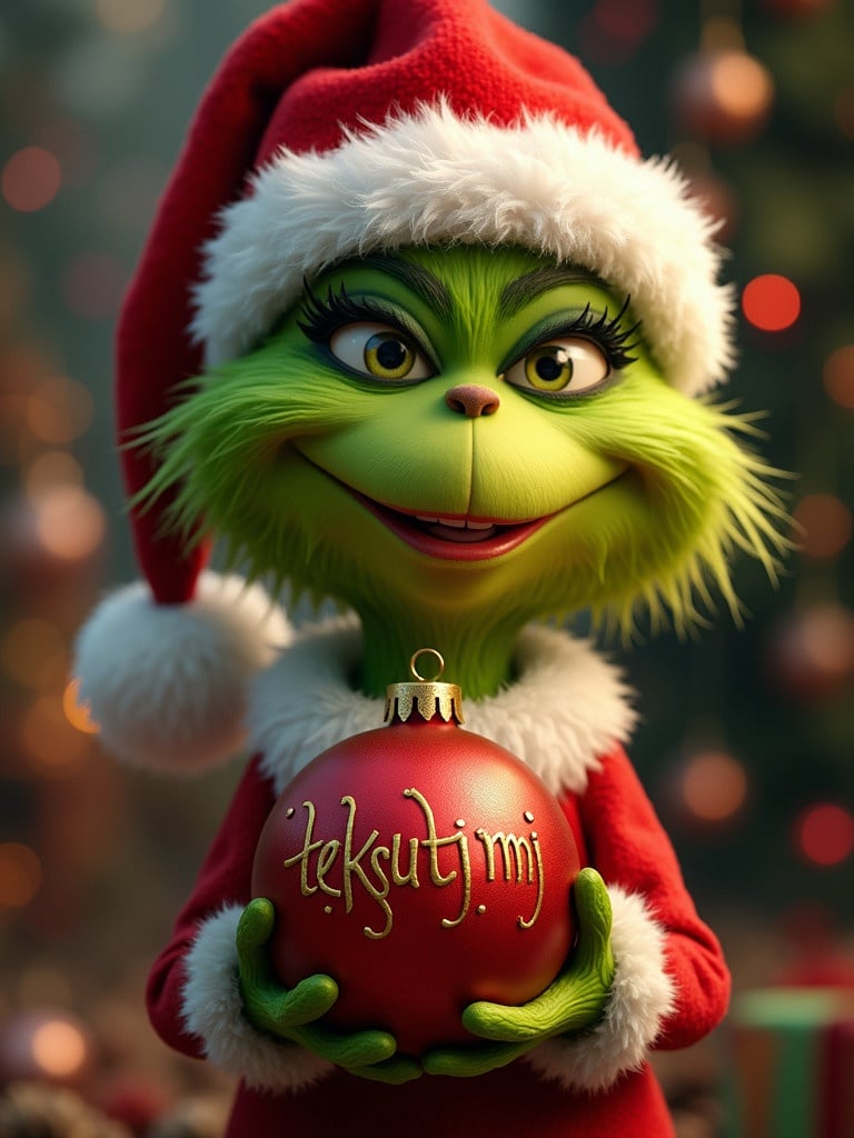 The Grinch smiles while holding a red Christmas ornament. The ornament is inscribed with teksutiimi in gold letters. The Grinch is dressed in a red Santa hat and festive attire.