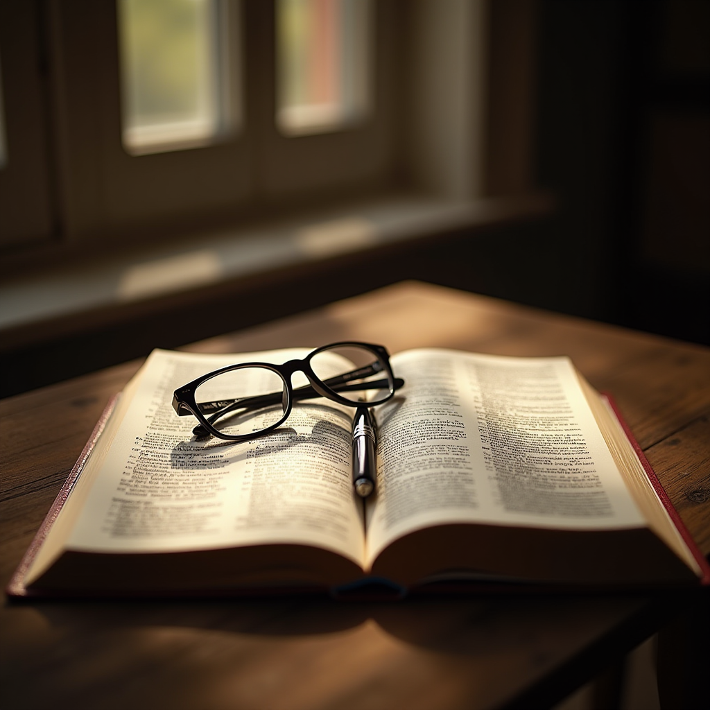 A pair of glasses and a pen rest on an open book, illuminated by warm sunlight.