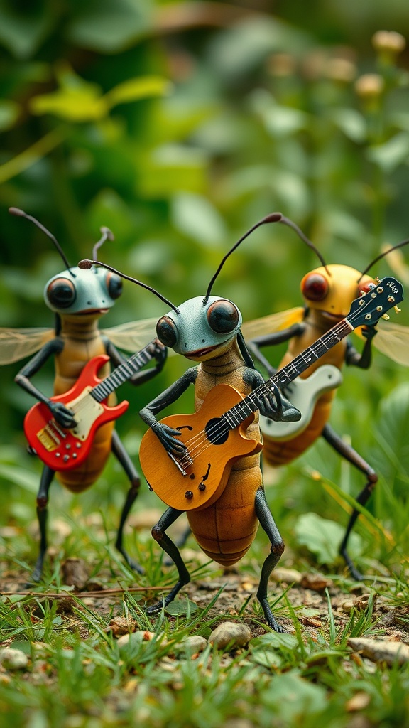 Anthropomorphic insects playing guitars in a lush garden setting.