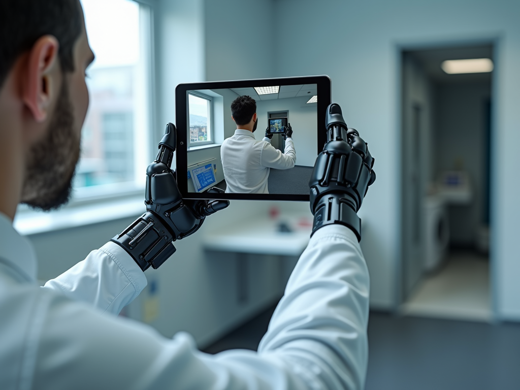 A person with robotic hands is holding a tablet that displays his reflection in an office setting.