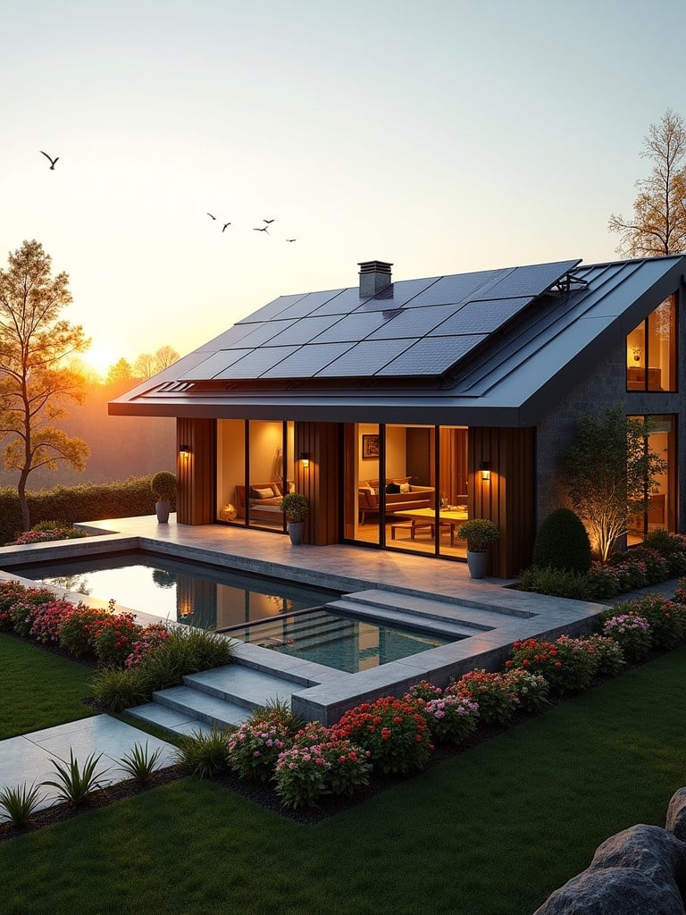 Luxury home featuring solar panels and an outdoor pool. Beautiful garden area with flowers. Elegant design with large windows. Evening light during January sunset.