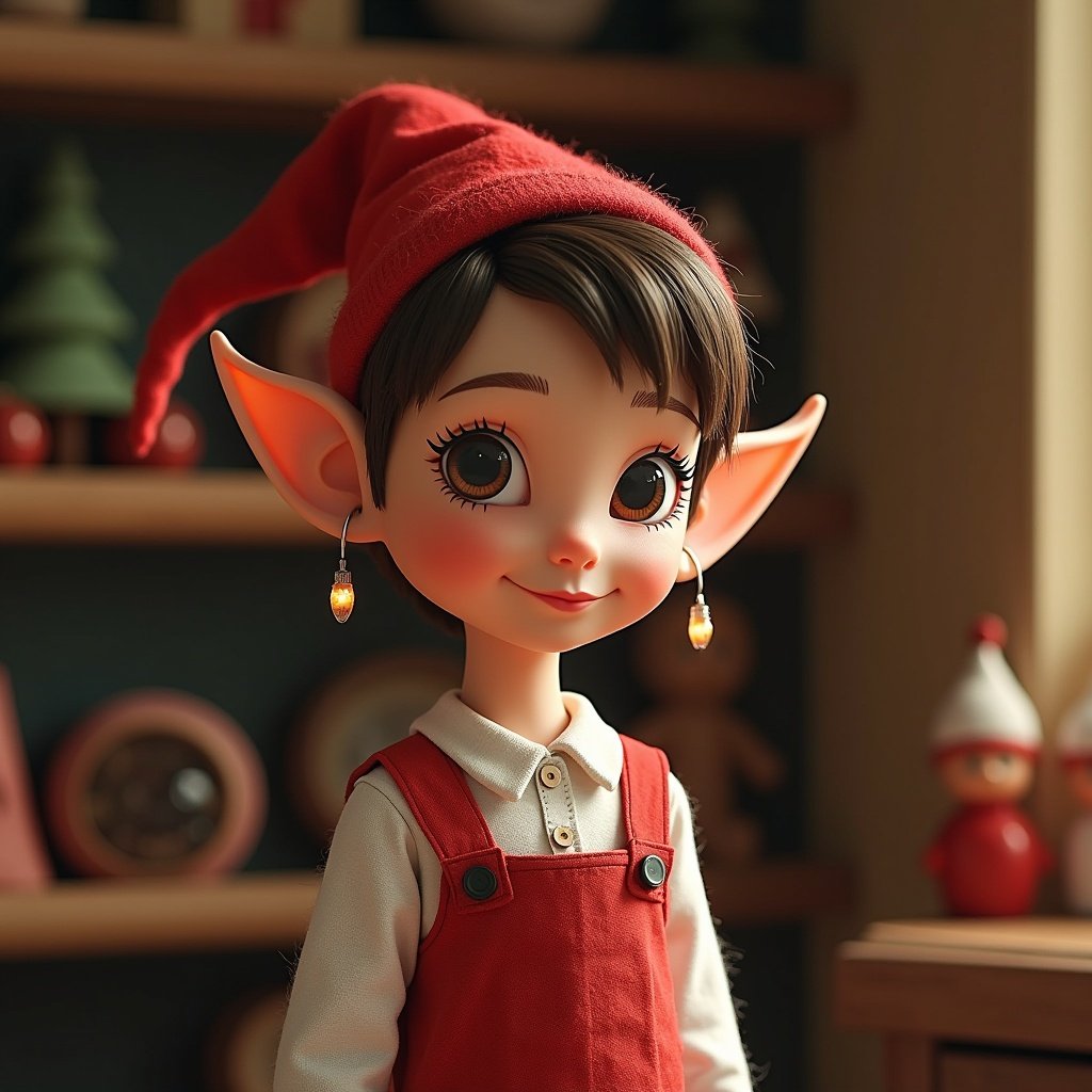 A girl character styled as a traditional elf on the shelf. She has short hair and is wearing a bright red hat. Her outfit includes a white top with red overalls, adding to her festive look. Her ears are pointed and adorned with tiny earrings, making her appearance more charming. The background features cozy holiday decorations, enhancing the festive vibe. The elf has a warm smile, evoking joy and cheerfulness.