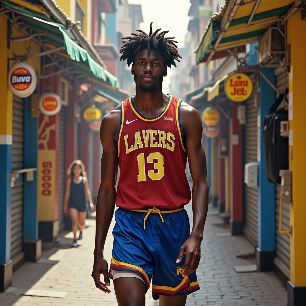 A person stands in an urban alleyway wearing a Lakers jersey and shorts. Colorful shops line the sides. The atmosphere is vibrant and lively.