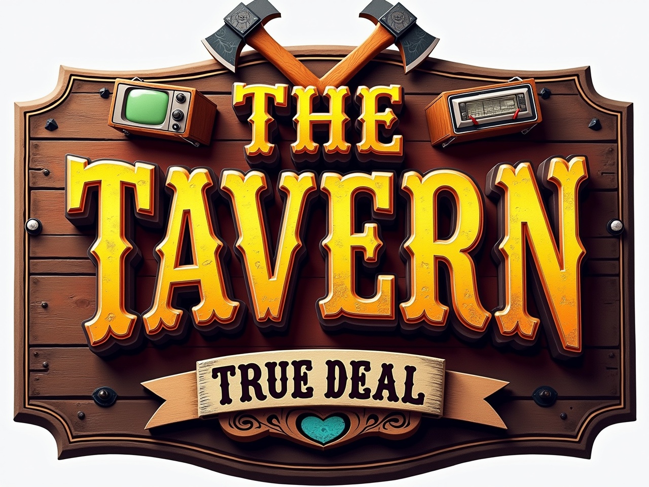 The image is a colorful sign for a tavern, featuring bold lettering and playful decor. The words 'THE TAVERN' are the main focal point, with an inviting look. Surrounding elements include vintage televisions and decorative axes, enhancing a rustic theme. The overall color palette consists of warm browns, golds, and playful turquoise accents. This sign is designed to attract patrons and convey a sense of authenticity and fun, encapsulating the tavern experience.