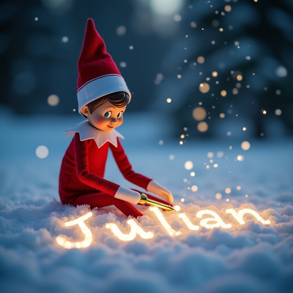 In a magical winter setting, an Elf on the Shelf writes a boy's name in the snow. The elf wears a bright red outfit. The elf uses a golden pen to write cursive letters that glow. Snowflakes fall softly around the scene. The lighting is soft, highlighting the elf and the name against the snow.