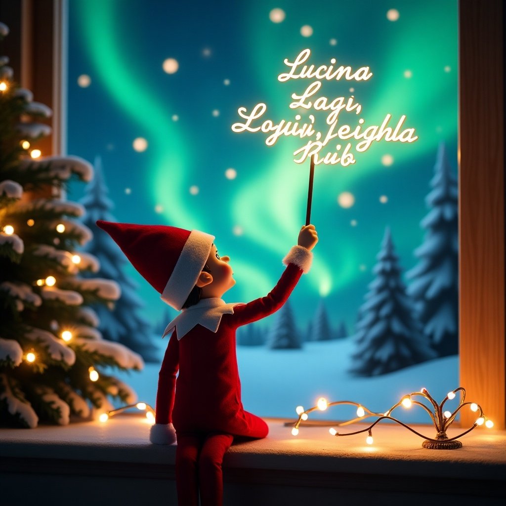 Enchanted Christmas scene features an elf on the shelf. The elf dressed in red and white faces the sky with a magic wand. The wand writes in glowing script. Background showcases vibrant northern lights. Scene captures festive Christmas spirit. Elf's position and action evoke wonder and excitement.