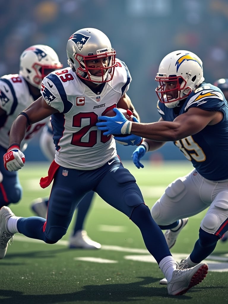 Action during NFL game between Patriots and Chargers. Running back wearing Patriots uniform evades tackle from Chargers player. Exciting moment on the football field. Players showcase athleticism. Crowd in the background. Bright game day atmosphere.