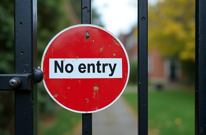 A red circular sign with 'No entry' written on it is attached to a black gate, set against an outdoor background.