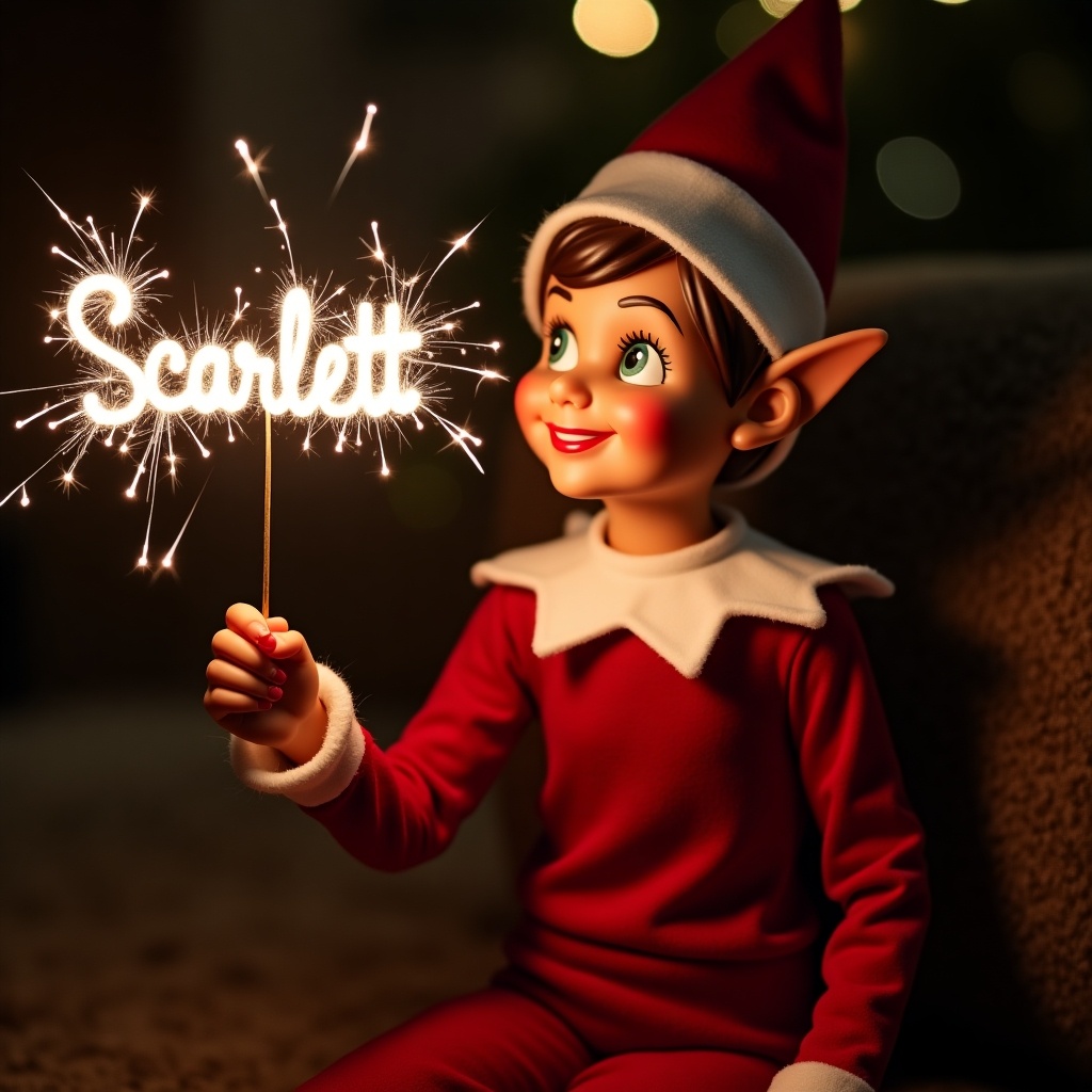 Festive elf character in red and white attire holding a sparkler that spells out 'Scarlett'. Cozy setting. Dark background to enhance sparkler glow. Captures joyful holiday spirit.