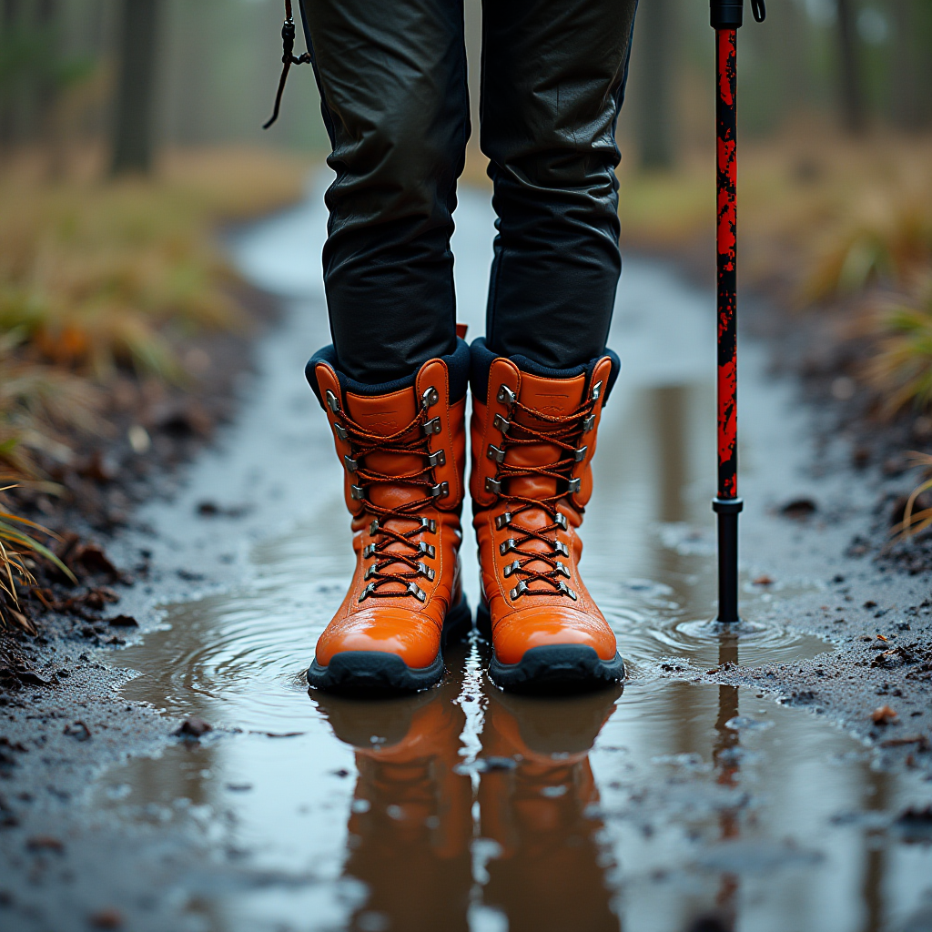 Orange hiking boots stand in a muddy puddle on a forest trail, reflecting the overcast and damp surroundings.