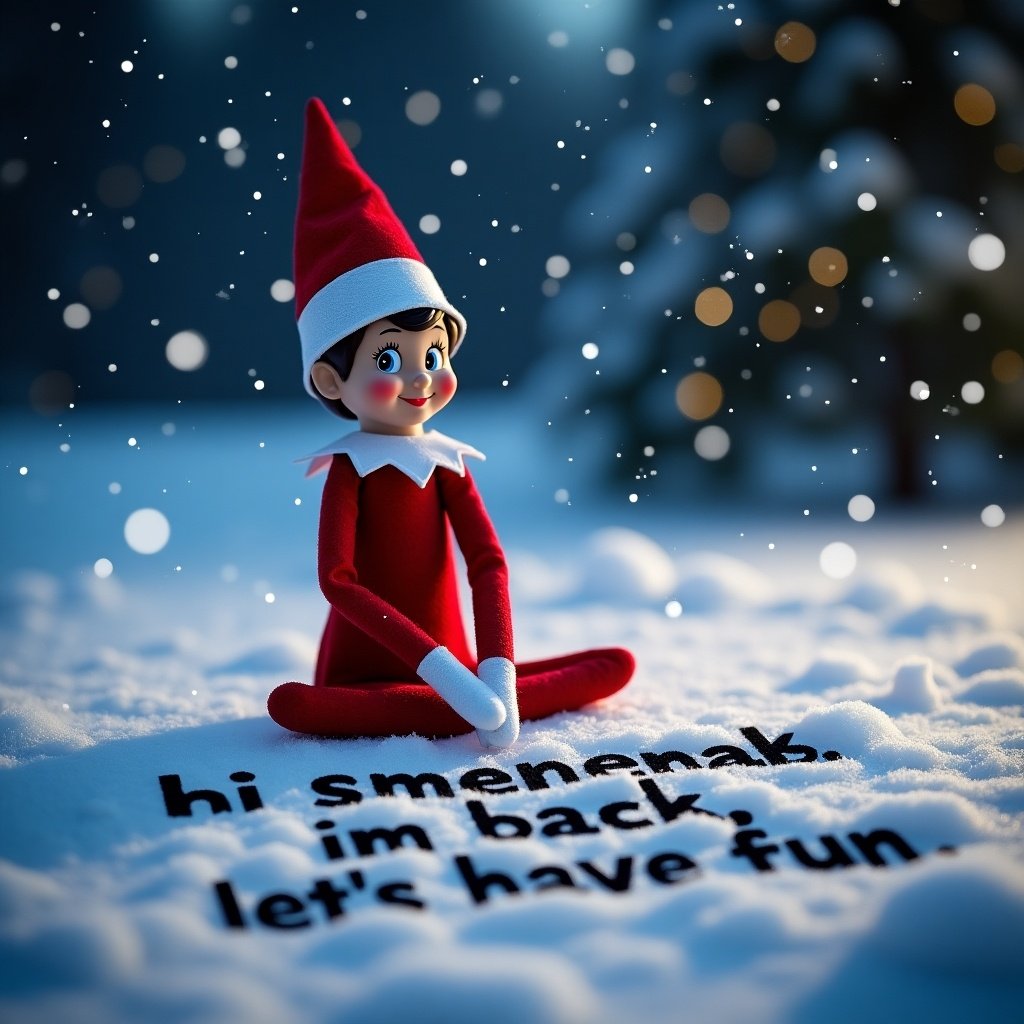 The image depicts a cheerful Elf on the Shelf sitting in a beautiful snowy landscape at night. The Elf is dressed in a traditional red outfit with a playful smile. The snowy ground features the phrase 'hi sienna, im back, lets have fun' artistically written in black. The scene is illuminated by soft, ambient lighting, creating a warm and magical feel despite the cold imagery. Snowflakes gently fall around, enhancing the holiday spirit. This enchanting setup invites viewers into a whimsical winter wonderland where the Elf is ready for Christmas adventures.