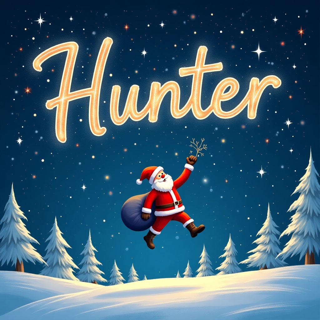 Santa Claus joyfully writes the name 'Hunter' in sparkling lights in the night sky. The scene is magical and festive with snowy trees surrounding him. Santa is dressed in traditional red with a sack over his shoulder.