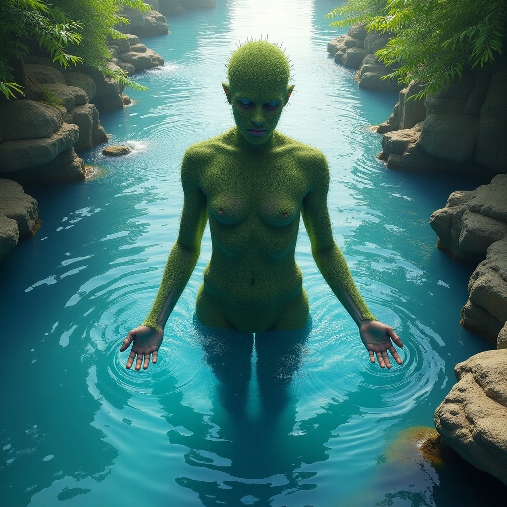 A figure resembling nature emerges from water. The surroundings are serene with lush green plants and clear blue water.