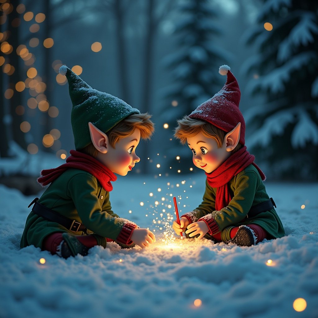 Two cheerful elves are creating magic in the snow. They are dressed in festive attire with green and red colors. The scene is adorned with soft glowing lights and a winter backdrop. The atmosphere is joyful and enchanting.