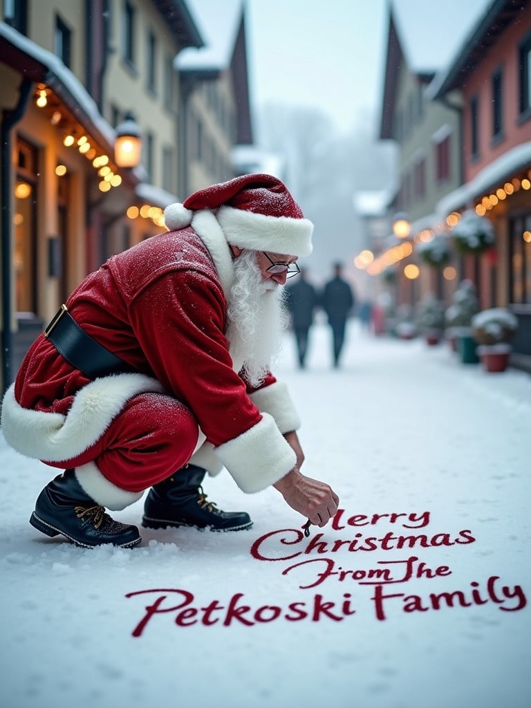 Santa Claus is writing in the snow. He wears traditional red and white clothing. The street is snowy with charming buildings. The scene has soft winter light. It conveys a cheerful holiday atmosphere.