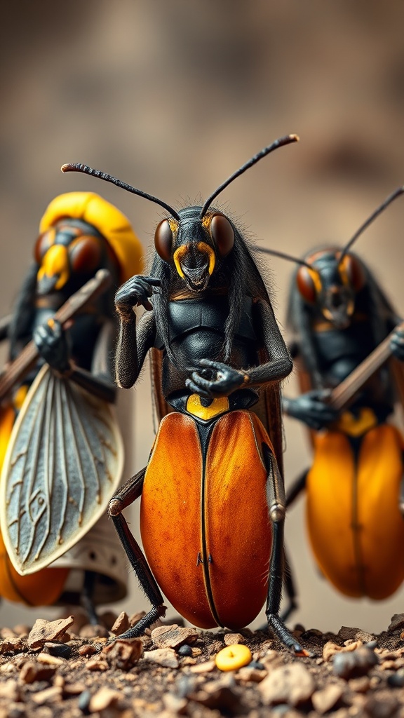 The image showcases a whimsical scene of a band of anthropomorphic insects, with prominent features like orange and yellow armor-like exoskeletons and large expressive eyes. The central insect appears to be animatedly playing an instrument, contributing to the image’s lively atmosphere. The ground is littered with small pebbles creating a textured foreground, while a soft, blurred background keeps the focus on the animated band.