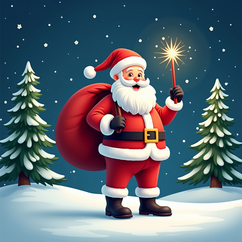 The image features a cheerful Santa Claus standing in a snowy landscape. He has a large red sack slung over his shoulder and is holding a sparkly wand. Santa is dressed in his traditional red and white outfit, complete with a belt and boots. Behind him, the night sky is illuminated with twinkling stars. Pine trees dot the snowy ground, encapsulating a festive winter atmosphere.