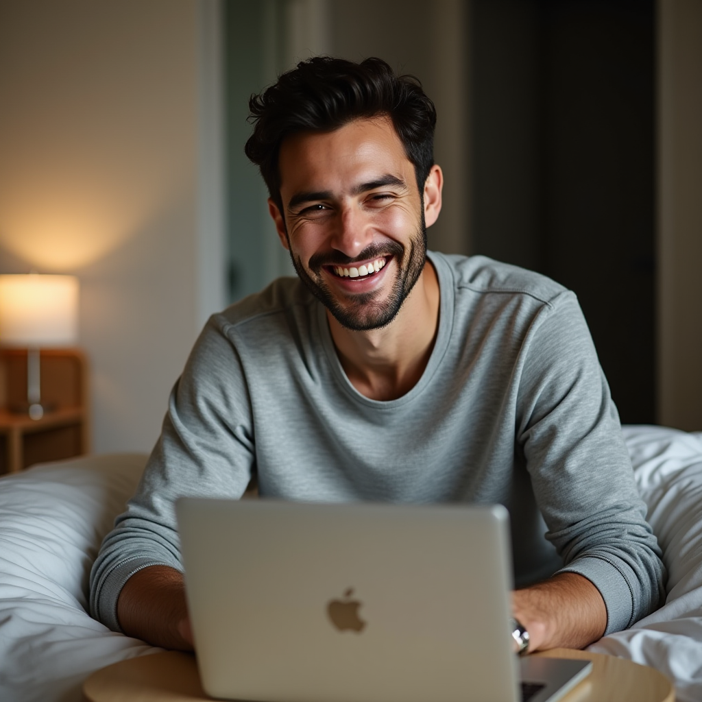 A man in a cozy setting is happily working on a laptop.