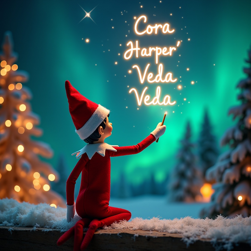 An enchanting Christmas scene features an elf on the shelf. The elf is dressed in red and white, facing the sky with his back to the viewer. He wields a magic wand, writing names in glowing script above him. The vibrant northern lights create a magical ambiance in the backdrop. Snow adorns the ground around him, enhancing the festive spirit of the holiday season.