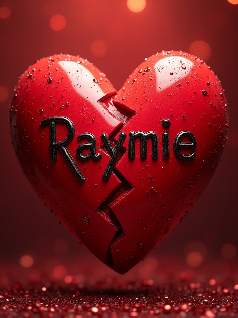 A red broken heart with the name Raymie on it. The background sparkles with red hues. The heart appears shiny with raindrops on it.