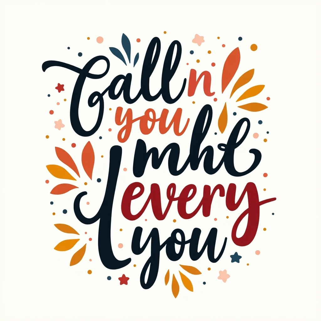 This image features a vibrant and colorful typography design. It displays a motivational quote in various playful fonts. Surrounding the text are abstract shapes and leaves that add visual interest. The overall color scheme includes reds, oranges, and yellows against a light background. This design is uplifting and perfect for inspiration in a variety of formats.