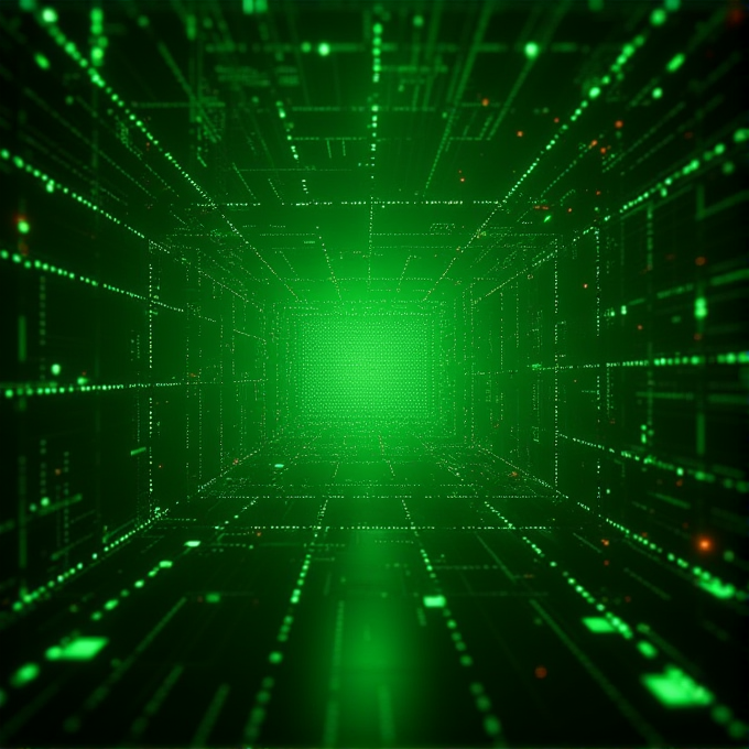 A glowing green digital tunnel with a grid pattern extends into the distance.